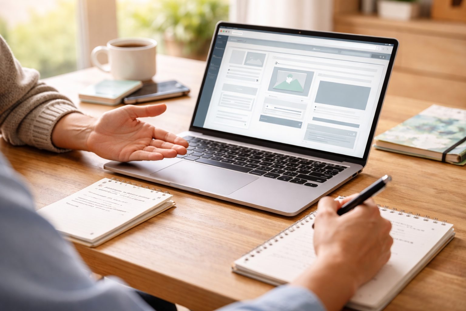 ノート・ペン・打合せの雰囲気、チャット相談のイメージ